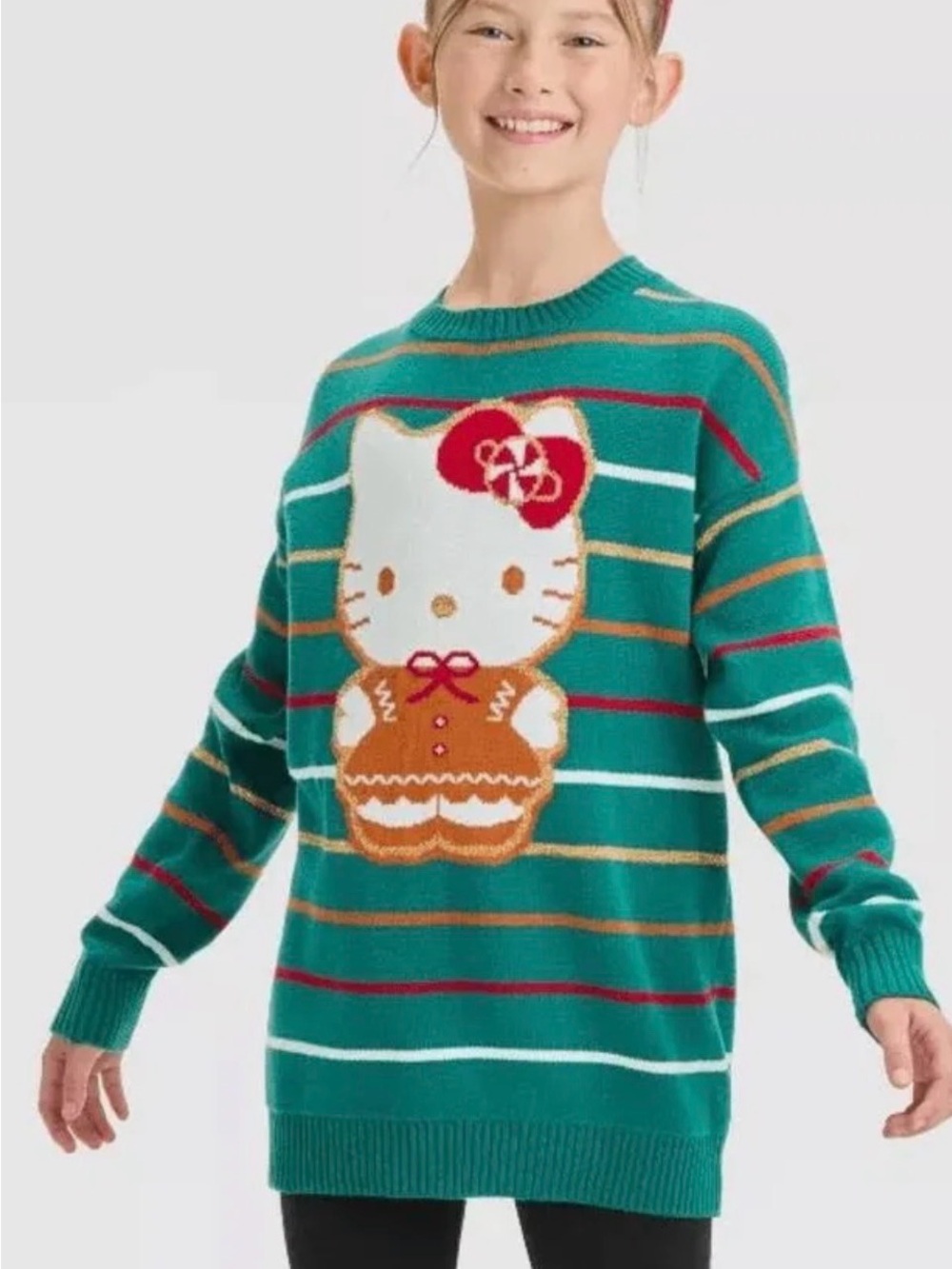 Hello Kitty Green Holiday Knit Sweater with Red, Gold and White Accents
